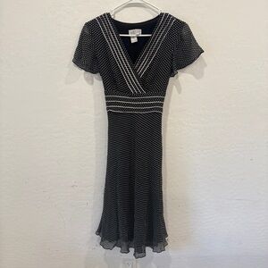 Adrianna Papell Silk Dress Womens 6P Black White Polka Dot Midi Retro Babydoll